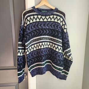 Vintage Clubfellow Men's Blue Purple and White Striped Sweater